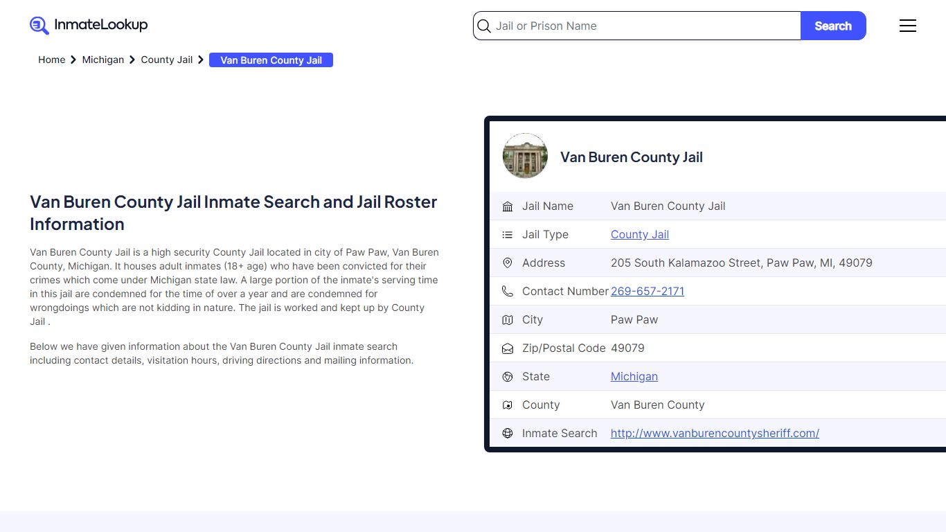 Van Buren County Jail Inmate Search - Paw Paw Michigan - Inmate Lookup